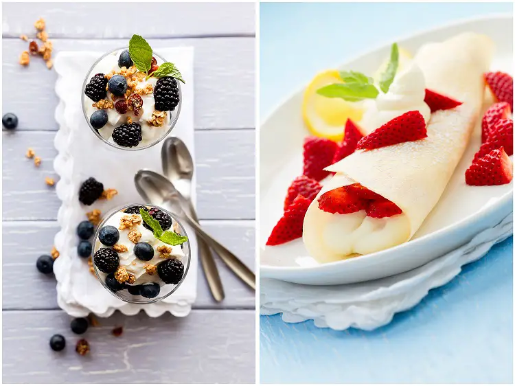 food photography fruits with yogurt and crepes with strawberries