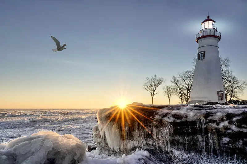 lighthouse wintertime freozen sea